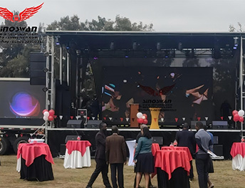 SINOSWAN customer an in Zambia purchased our product ST130 mobile stage trailer with three LED SCREEN and tractor truck head to to meet their needs of crusades, evangelism.