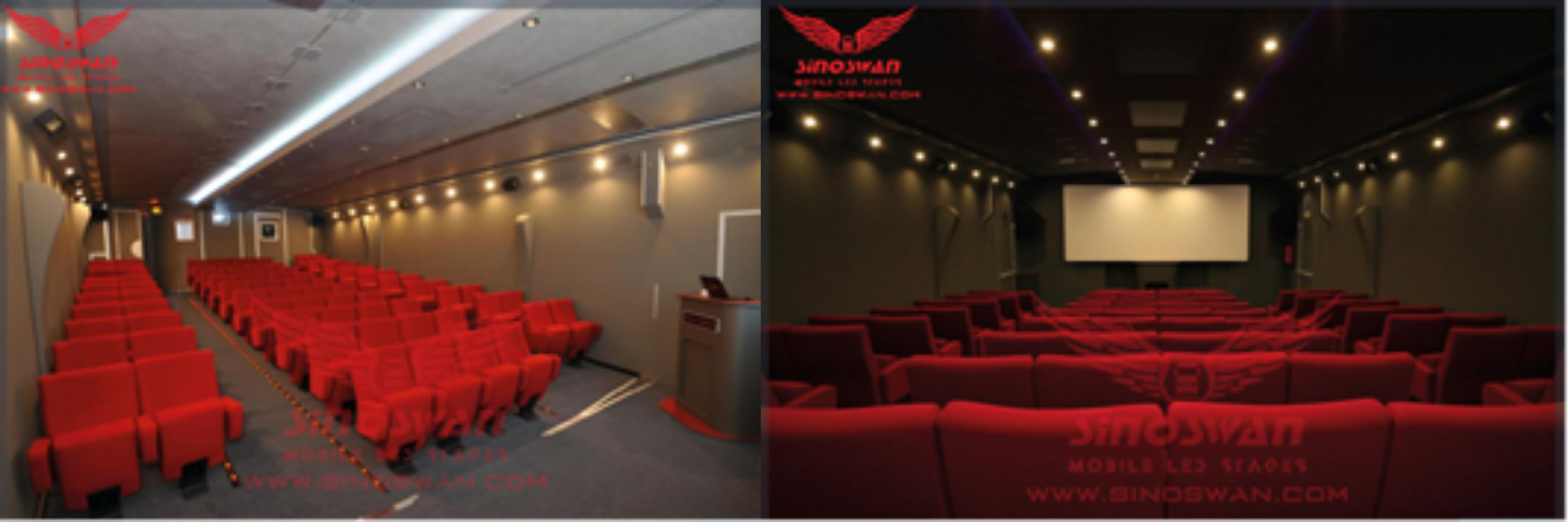 Premium mobile cinema trailer with 180-inch projection screen and theater seating